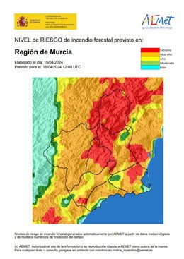 El nivel de riesgo de incendio forestal es extremo o muy alto este martes en la Región de Murcia