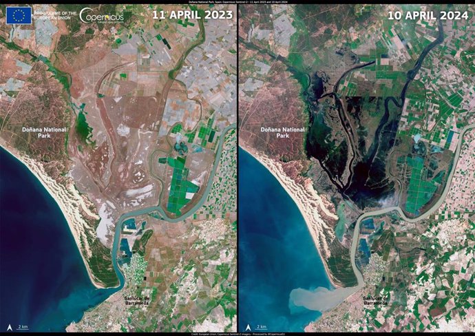 Imagen de satélite de la NASA donde se aprecia la diferencia entre las marismas secas en abril del año pasado y las marismas encharcadas en abril de 2024.