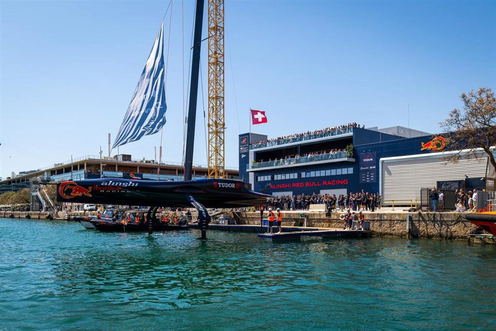 Geneal view during the Alinghi Red Bull Racing baat christening at Barcelona base on April 16, 2024, in Barcelona, Spain.