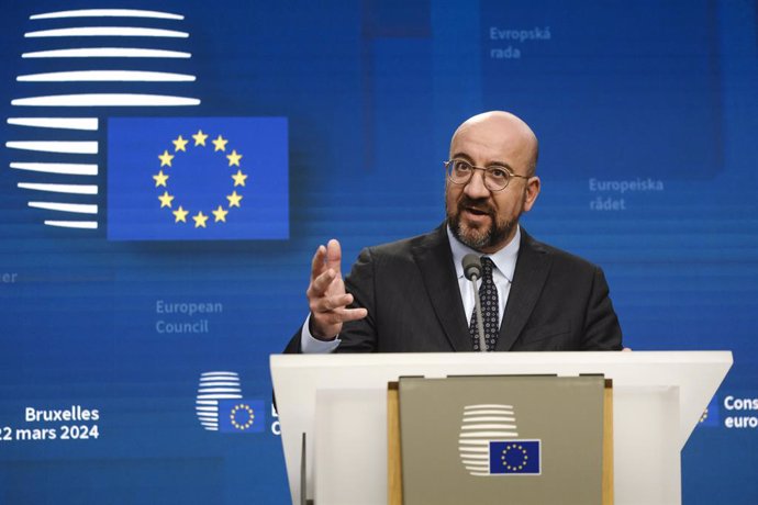 HANDOUT - 21 March 2024, Belgium, Brussels: President of the European Council Charles Michel speaks during a press conference after the EU summit in Brussels. Photo: Alexandros Michailidis/European Council/dpa - ATTENTION: editorial use only and only if t