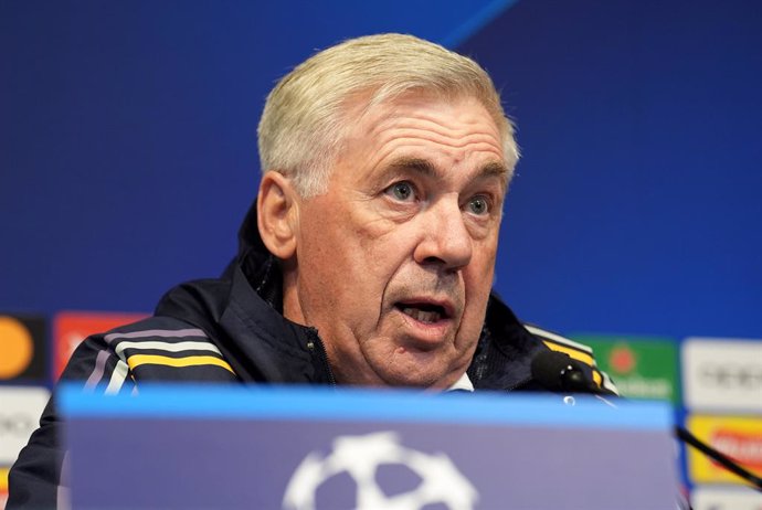 16 April 2024, United Kingdom, Manchester: Real Madrid manager Carlo Ancelotti attends a press conference at the Etihad Stadium, ahead of Wednesday's UEFA Champions League quarter-final second leg soccer match against Manchester City. Photo: Martin Ricket