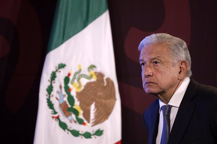 April 10, 2024, Mexico City, Mexico: Mexico's President, Andres Manuel Lopez Obrador is seen gesturing during his speech front reporters during his daily briefing conference at the National Palace.
