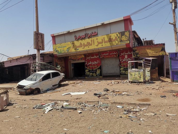 KHARTOUM, April 16, 2024  -- This photo taken with a mobile phone on April 14, 2024 shows a view of a devastated market in Omdurman, Sudan. The market, which used to be crowded with customers and full of commodities, has now become more like a ghost town 