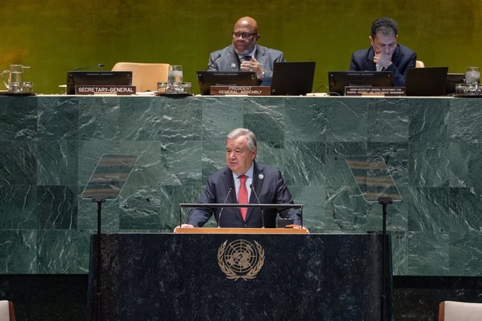 UNITED NATIONS, April 16, 2024  -- United Nations (UN) Secretary-General Antonio Guterres (front) speaks during the opening of the first UN General Assembly Sustainability Week at the UN headquarters in New York, on April 15, 2024. UN Secretary-General An