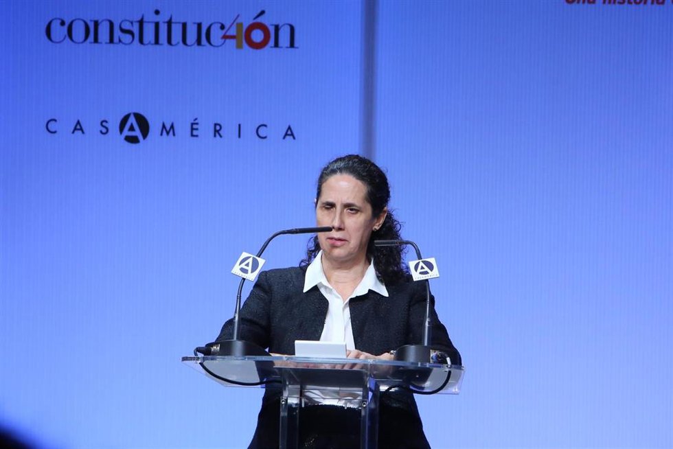 Archivo - Ana Peláez (primera mujer con discapacidad en el comité de la ONU contra la discriminación de la mujer)  interviene en la inauguración de la exposición "40 años de diplomacia en democracia. Una historia de éxito".  