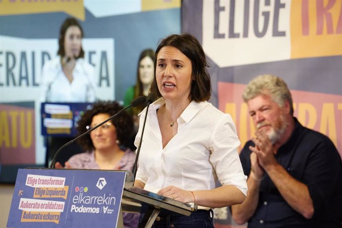 La candidata de Podemos a las elecciones europeas, Irene Montero, durante el acto de arranque de campaña electoral de Elkarrekin Podemos, en el Palacio Euskalduna, a 4 de abril de 2024, en Bilbao, Vizcaya, País Vasco (España).  