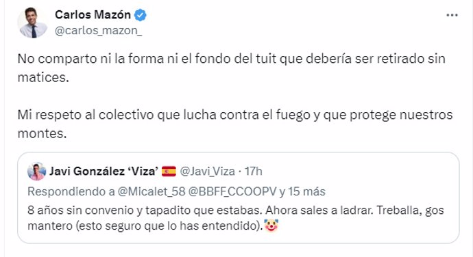 Mazón pide al asesor que retira el tuit