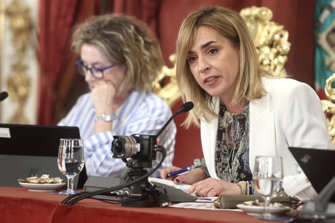 La presidenta de la Diputación de Cádiz, Almudena Martínez, en el pleno ordinario de abril.