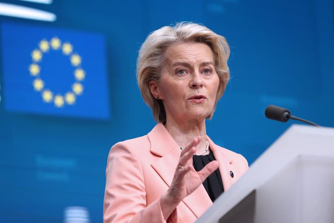 BRUSSELS, March 22, 2024  -- President of the European Commission Ursula von der Leyen speaks at a press conference during the European Union (EU) summit in Brussels, Belgium, on March 21, 2024. Leaders from the EU on Thursday agreed to open accession neg