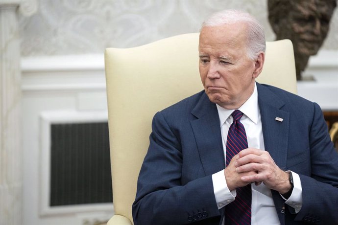 April 15, 2024, Washington, District Of Columbia, USA: United States President Joe Biden looks on during a meeting with Prime Minister of Iraq Mohammed Shia' Al Sudani in the Oval Office at the White House in Washington, DC on Monday, April 15, 2024