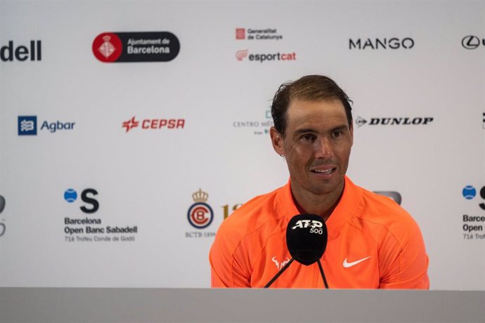 El tenista español Rafa Nadal en su comparecencia de prensa tras perder contra Alex de Miñaur en el Barcelona Open Banc Sabadell 2024