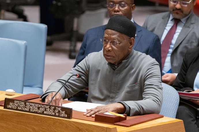 UNITED NATIONS, April 16, 2024  -- Abdoulaye Bathily (Front), Special Representative of the UN Secretary-General for Libya, briefs the Security Council on the situation in Libya at the UN headquarters in New York, on April 16, 2024. The UN envoy on Tuesda