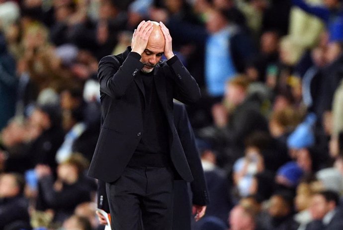 17 April 2024, United Kingdom, Manchester: Manchester City manager Pep Guardiola reacts during the UEFA Champions League quarter-final second leg soccer match between Manchester City and Real Madrid at the Etihad Stadium, Manchester. Photo: Mike Egerton/P