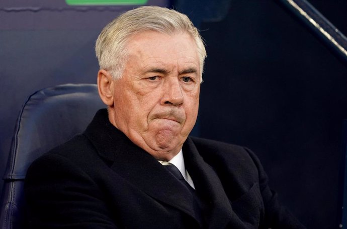 17 April 2024, United Kingdom, Manchester: Real Madrid head coach Carlo Ancelotti is pictured during the UEFA Champions League quarter-final second leg soccer match between Manchester City and Real Madrid at the Etihad Stadium, Manchester. Photo: Martin R