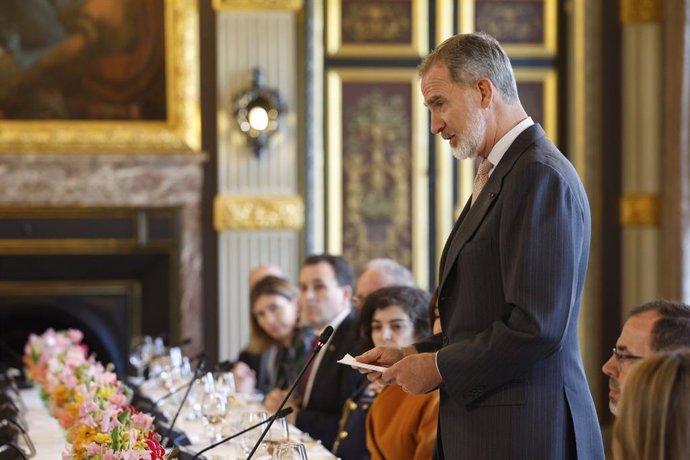 El Rey Felipe VI durante el almuerzo de trabajo con el viceprimer ministro de Países Bajos, Rob Jetten