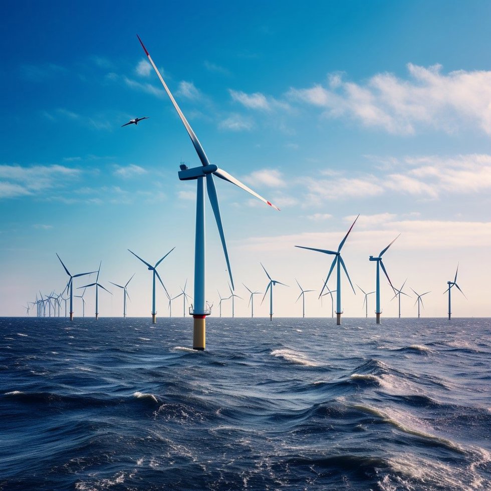 Archivo - Imagen generada con inteligencia artificial que representa un ave marina volando entre generadores de energía eólica marina.
