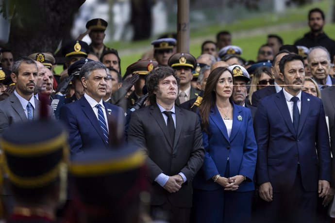 April 2, 2024, Buenos Aires, Argentina: President Milei (C) Vice President Victoria Villarroel (R), daughter of a fallen in the Malvinas War together with Minister of Defense Luis Petri. To her left, the governor of the City of Buenos Aires Jorge Macri an