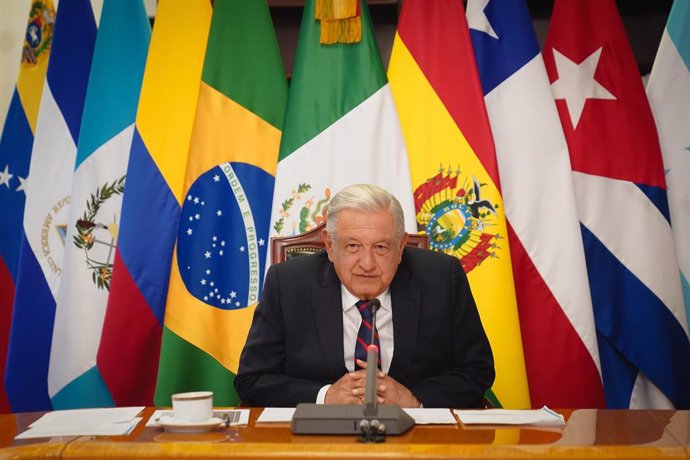 HANDOUT - 16 April 2024, Mexico, Mexico City: Mexican President Andres Manuel Lopez Obrador speaks during a video meeting of the Community of Latin American and Caribbean States (CELAC) following the storming of the Mexican Embassy in Quito by Ecuadorian 