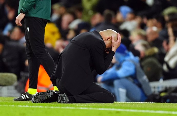 17 April 2024, United Kingdom, Manchester: Manchester City manager Pep Guardiola reacts during the UEFA Champions League quarter-final second leg soccer match between Manchester City and Real Madrid at the Etihad Stadium, Manchester. Photo: Mike Egerton/P