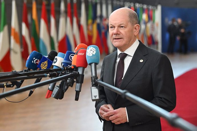 HANDOUT - 17 April 2024, Belgium, Brussels: German Chancellor Olaf Scholz speaks to the media upon his arrival to attend the Special European Council meeting in Brussels. Photo: -/European Council/dpa - ATTENTION: editorial use only and only if the credit