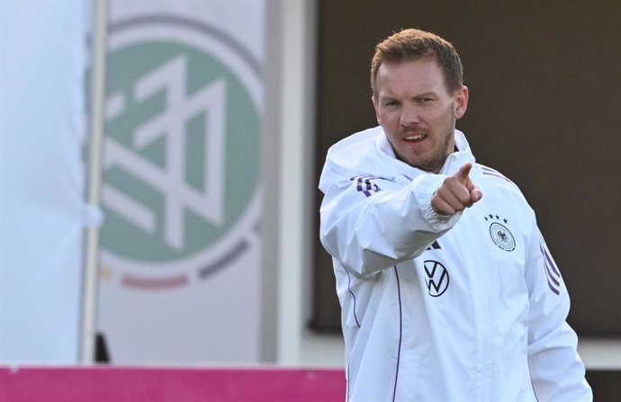 25 March 2024, Hesse, Frankfurt_Main: Germany's coach Julian Nagelsmann leads a training session for the German National soccer team, ahead of the International Friendly soccer match against Netherlands. Photo: Arne Dedert/dpa