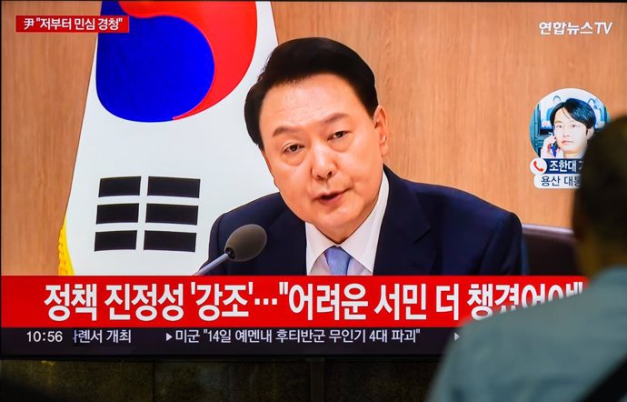 April 16, 2024, Seoul, South Korea: South Korea's 24-hour Yonhapnews TV shows South Korean President Yoon Suk Yeol speaks during a Cabinet meeting at the presidential office on a TV at Yongsan Railroad Station in Seoul. South Korean President Yoon Suk Yeo