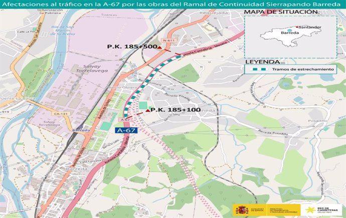 Mapa de la zona donde desde el lunes 22 de abril habrá afectaciones al tráfico por las obras del ramal de Torrelavega