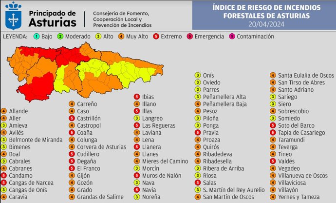 Índice De Riesgo De Incendio Forestal Para El Sábado 19 De Abril En Asturias.