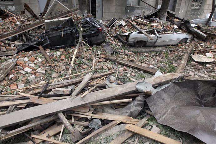 April 19, 2024, Dnipro, Ukraine: DNIPRO, UKRAINE - APRIL 19, 2024 - Debris covers the ground at an apartment block that was partially destroyed by the Russian missile attack on Dnipro, central Ukraine, which took place in the morning on Friday. At least, 