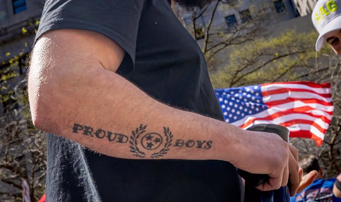 April 15, 2024, New York, New York, United States: A supporter of former U.S. President Donald Trump with a Proud Boys tattoo protests outside the criminal court building during the trial in the hush money. Trump is in court for a high-stakes hearingÂ cha