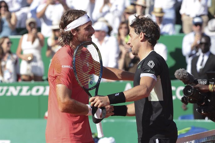 Winner Stefanos Tsitsipas of Greece salutes finalist Casper Ruud of Norway at the net after their final during day 8 of the Rolex Monte-Carlo 2024, ATP Masters 1000 tennis event on April 14, 2024 at Monte-Carlo Country Club in Roquebrune Cap Martin, Franc