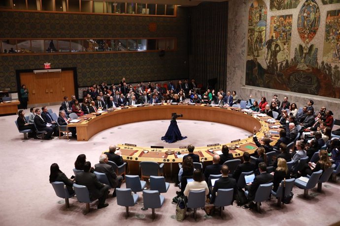 UNITED NATIONS, April 18, 2024  -- Representatives vote on a draft resolution that recommends to the 193-member UN General Assembly that "the State of Palestine be admitted to membership of the United Nations" during a Security Council meeting at the UN h