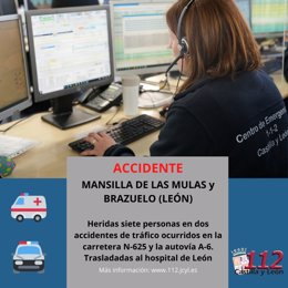 Imagen del 112 con información sobre dos accidentes en Mansilla de las Mulas y Brazuelo (León).