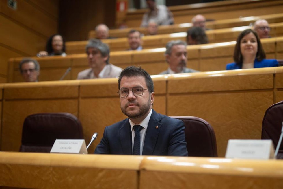 El presidente de la Generalitat de Catalunya, Pere Aragons, durante la reunión de la Comisión General de las Comunidades Autónomas, en el Senado, a 8 de abril de 2024, en Madrid (España). La reunión de la Comisión General de las Comunidades Autónomas h