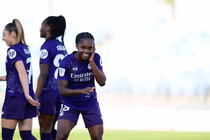 Linda Caicedo of Real Madrid celebrates a goal during the Spanish Women League, Liga F, football match played between Real Madrid and Granada CF at Alfredo Di Stefano stadium on April 14, 2024 in Madrid, Spain.