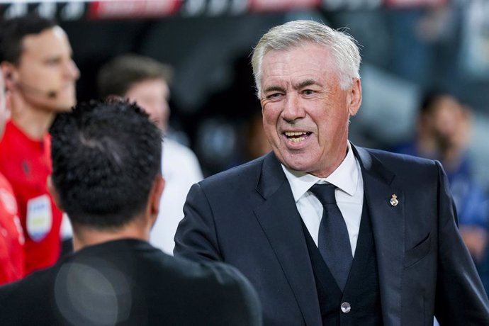 Carlo Ancelotti, head coach of Real Madrid, gestures during the Spanish League, LaLiga EA Sports, football match played between Real Madrid and FC Barcelona at Santiago Bernabeu stadium on April 21, 2024 in Madrid, Spain.
