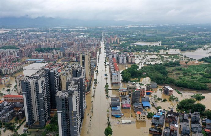 GUANGZHOU, April 21, 2024  -- An aerial drone photo taken on April 21, 2024 shows a submerged area in Hanguang Town of Qingyuan, south China's Guangdong Province. A total of 38 hydrological stations at 24 rivers in south China's Guangdong Province have re