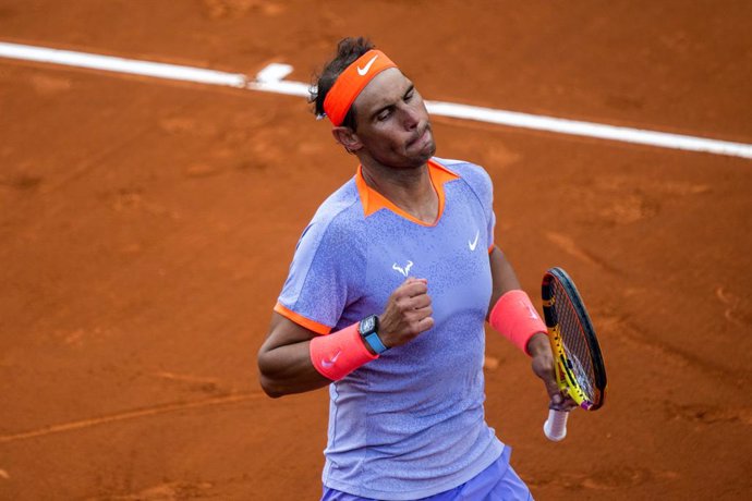 Rafa Nadal of Spain reacts during his match against Alex de Minaur of Australia during the day three of the Barcelona Open Banc Sabadell Conde Godo on April 17, 2024, in Barcelona, Spain.