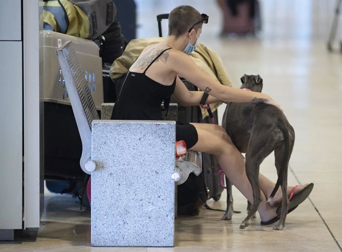 Archivo - Una mujer y su perro en la Terminal T1 del Aeropuerto Adolfo Suárez Madrid-Barajas.