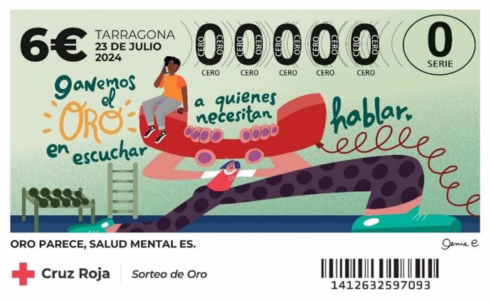 Boleto del Sorteo de Oro de Cruz Roja de 2024, que este año, bajo el lema 'Ganemos el oro', pone el foco en crear compromiso colectivo en las acusas sociales.