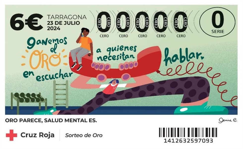 Boleto del Sorteo de Oro de Cruz Roja de 2024, que este año, bajo el lema 'Ganemos el oro', pone el foco en crear compromiso colectivo en las acusas sociales.