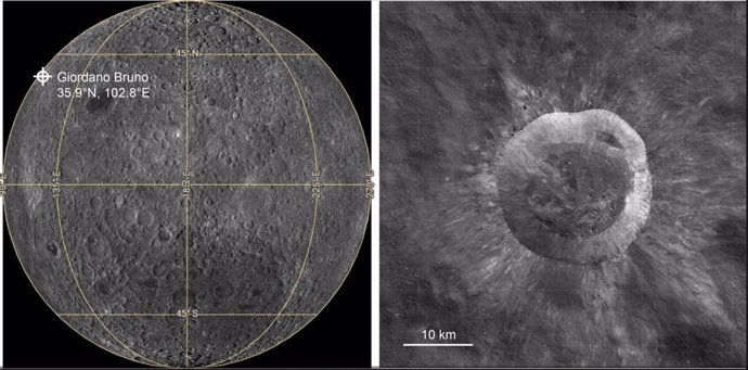 La ubicación y topografía del cráter lunar Giordano Bruno. A la izquierda hay un mapa de la cara oculta lunar utilizando Lunar QuickMap. A la derecha está el mapa topográfico del cráter a partir de los datos de la Lunar Reconnaissance Orbiter Camera
