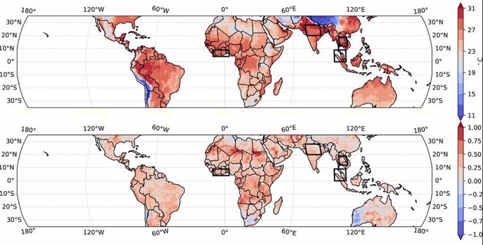 Mapas de los trópicos que muestran las temperaturas máximas anuales de bulbo húmedo predichas por los autores para el próximo verano, teniendo en cuenta las condiciones actuales de El Niño y el calentamiento global (arriba) y solo El Niño (abajo).