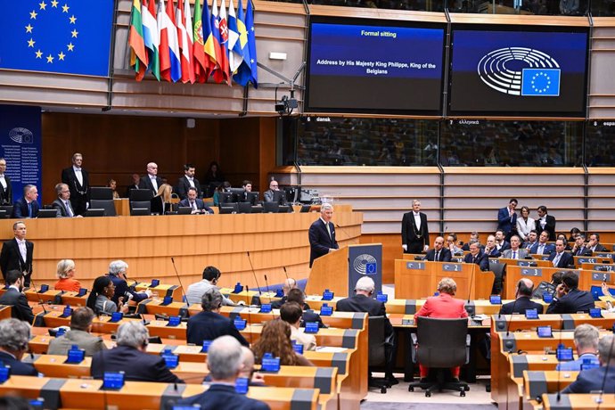 King Philippe - Filip of Belgium delivers a speech at a plenary session of the European Parliament in Brussels, Wednesday 10 April 2024. The Belgian King will be addressing the Parliament on the occasion of the Belgian Presidency of the Council of the E