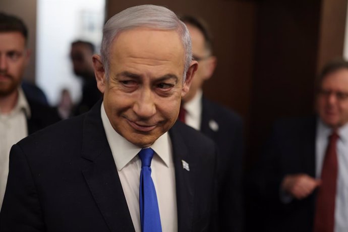 17 April 2024, Israel, Jerusalem: Benjamin Netanyahu, Israel's Prime Minister, arrives for a joint meeting with Annalena Baerbock (not pictured), Germany's Foreign Minister. Photo: Ilia Yefimovich/dpa