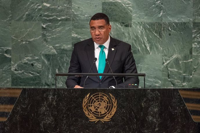 Archivo - El primer ministro de Jamaica, Andrew Holness, participa en el debate de la Asamblea General de Naciones Unidas en 2022 (archivo)