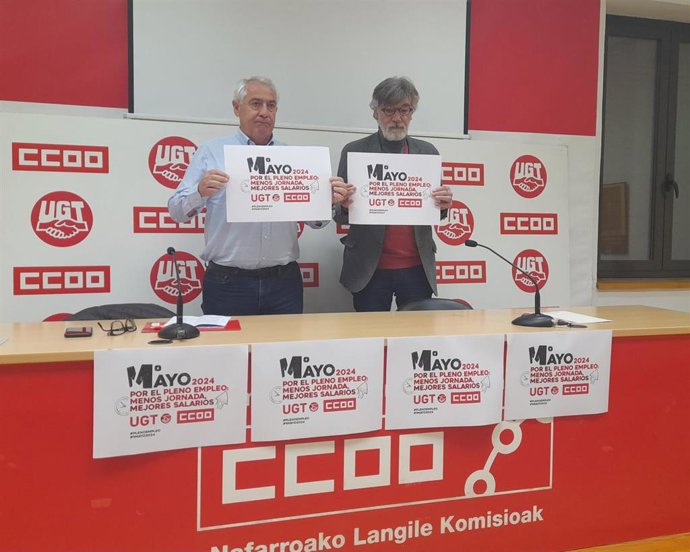 Los secretarios generales de UGT y CCOO de Navarra, Jesús Santos y Chechu Rodríguez, respectivamente