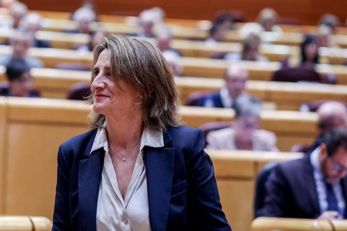 La vicepresidenta tercera y ministra para la Transición Ecológica y el Reto Demográfico, Teresa Ribera, durante una sesión de control al Gobierno, en el Senado, a 9 de abril de 2024, en Madrid (España). 
