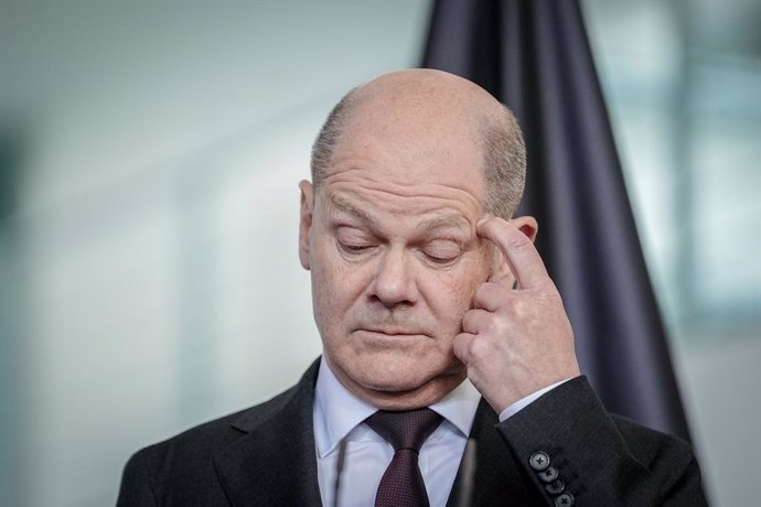 24 April 2024, Berlin: German Chancellor Olaf Scholz gives a press conference in the German Chancellery. Photo: Kay Nietfeld/dpa