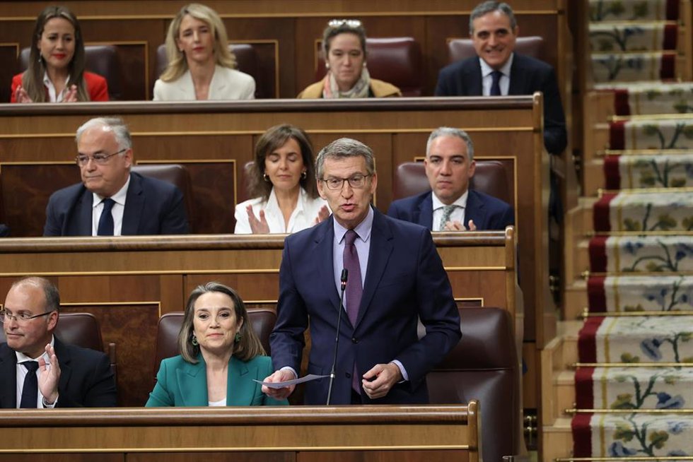El presidente del PP, Alberto Núñez Feijóo, interviene durante una sesión de control al Gobierno, en el Congreso de los Diputados, a 24 de abril de 2024, en Madrid (España). Durante la sesión de control, se han abordado cuestiones relacionadas con el au